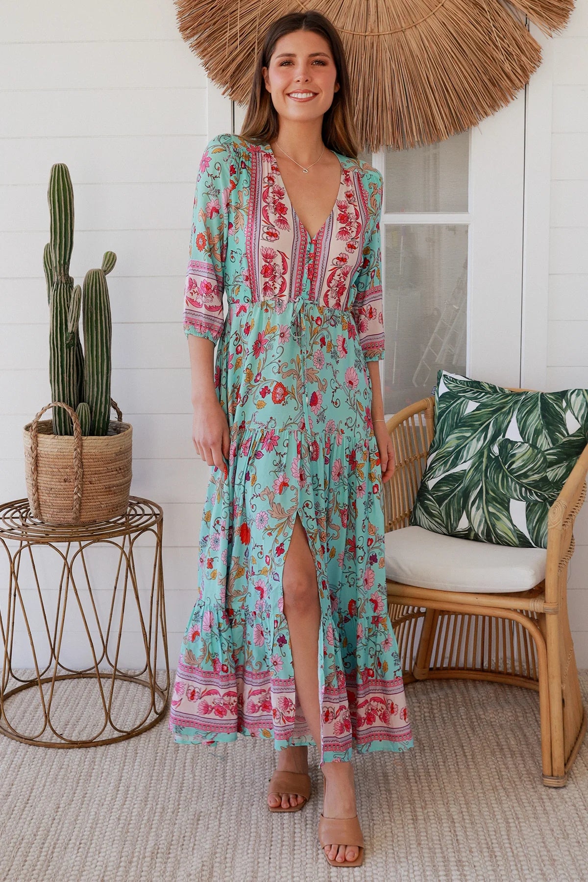 Boho maxi dress in rayon with turquoise floral print, border hem, button-down bodice & drawstring waist - Morning Meadows
