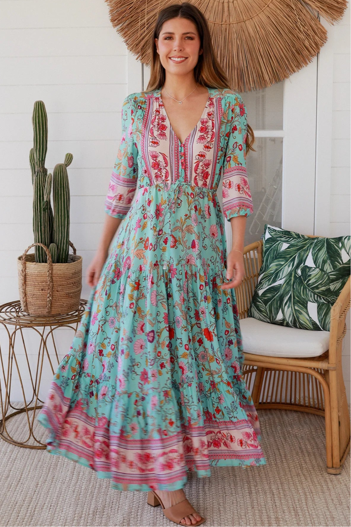 Boho maxi dress in rayon with turquoise floral print, border hem, button-down bodice & drawstring waist - Morning Meadows