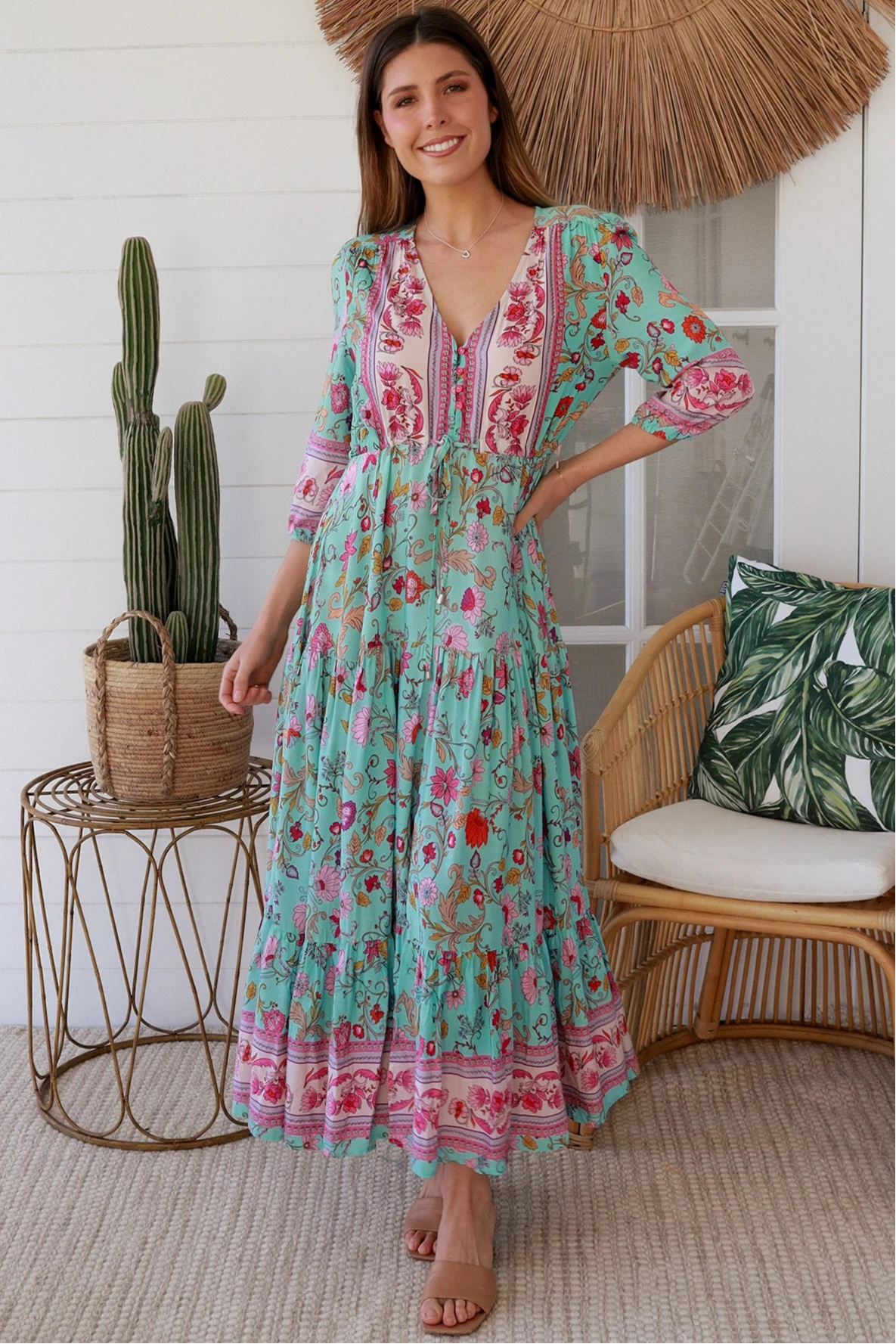 Boho maxi dress in rayon with turquoise floral print, border hem, button-down bodice & drawstring waist - Morning Meadows