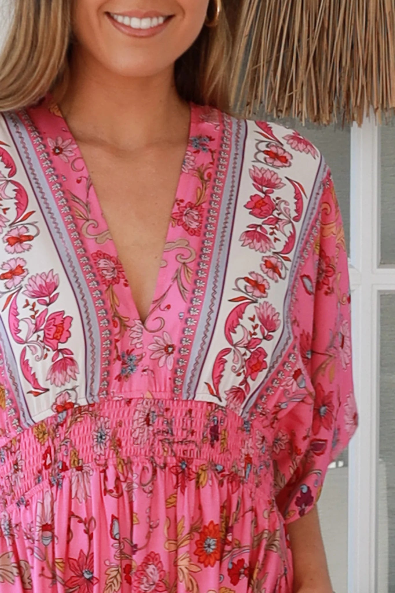 Boho maxi dress Australia in pink floral rayon with tiered skirt border print neckline summer beach style - Eliana Bloom.