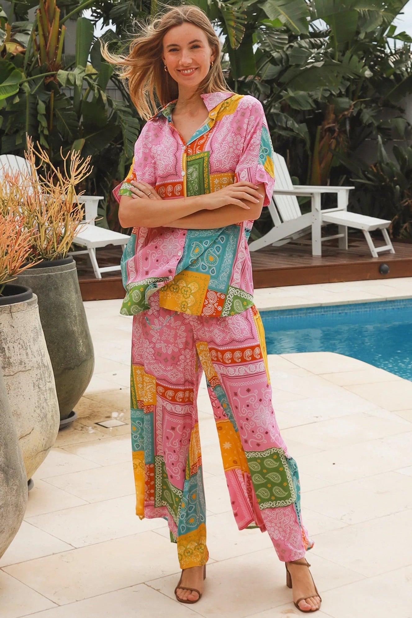 Wide leg patchwork paisley boho pants by Dreamcatcher with elastic waist and colourful bandana print