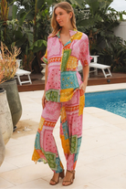 Wide leg patchwork paisley boho pants by Dreamcatcher with elastic waist and colourful bandana print