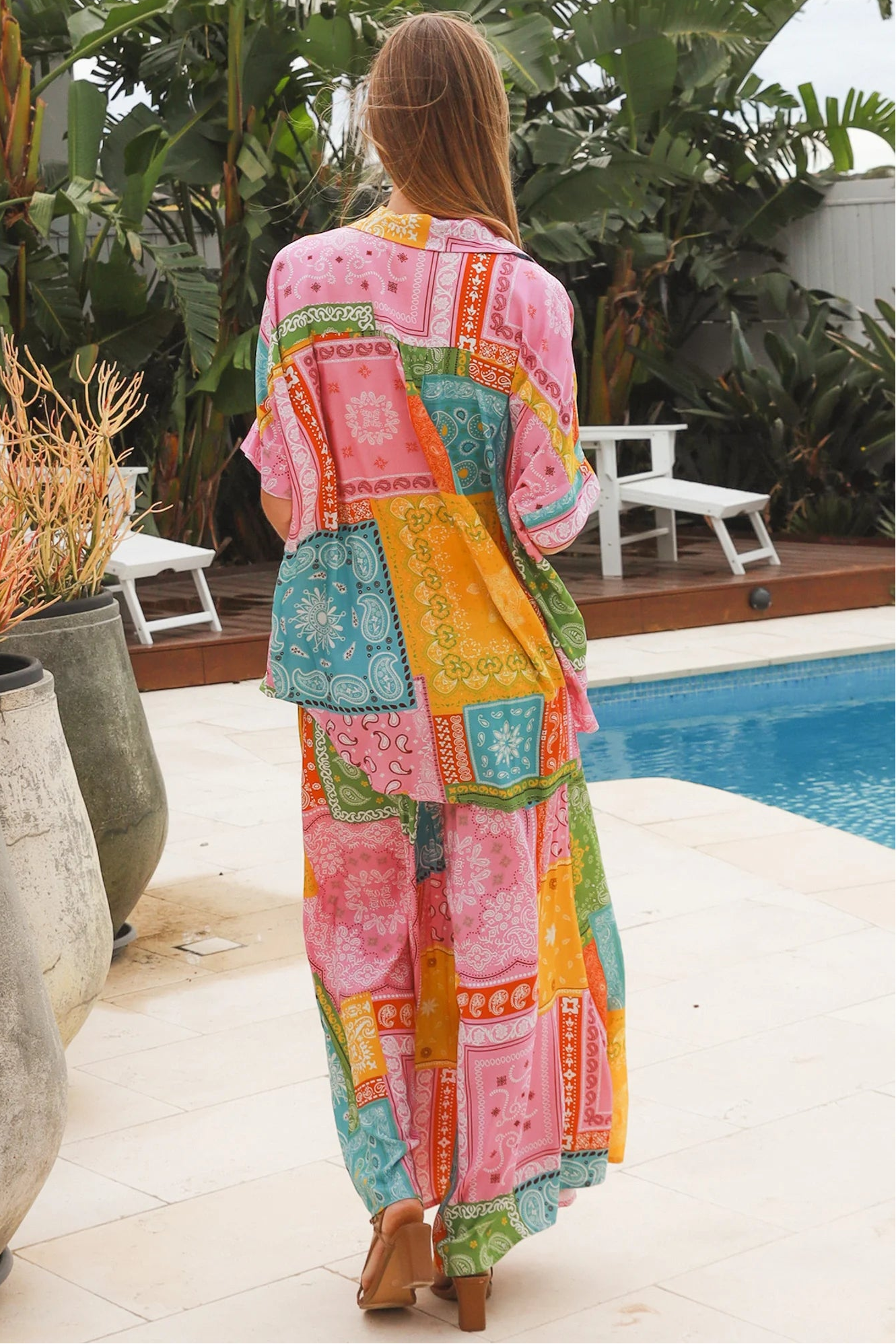 Wide leg patchwork paisley boho pants by Dreamcatcher with elastic waist and colourful bandana print