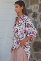 Primrose floral rayon blouse in pink with lace shoulder inserts Charlotte The Label boho summer top