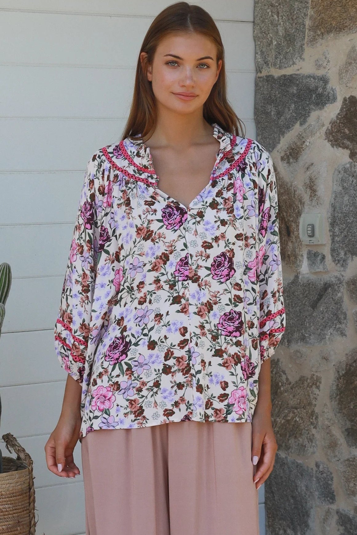Primrose floral rayon blouse in pink with lace shoulder inserts Charlotte The Label boho summer top