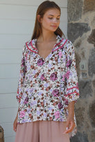 Primrose floral rayon blouse in pink with lace shoulder inserts Charlotte The Label boho summer top
