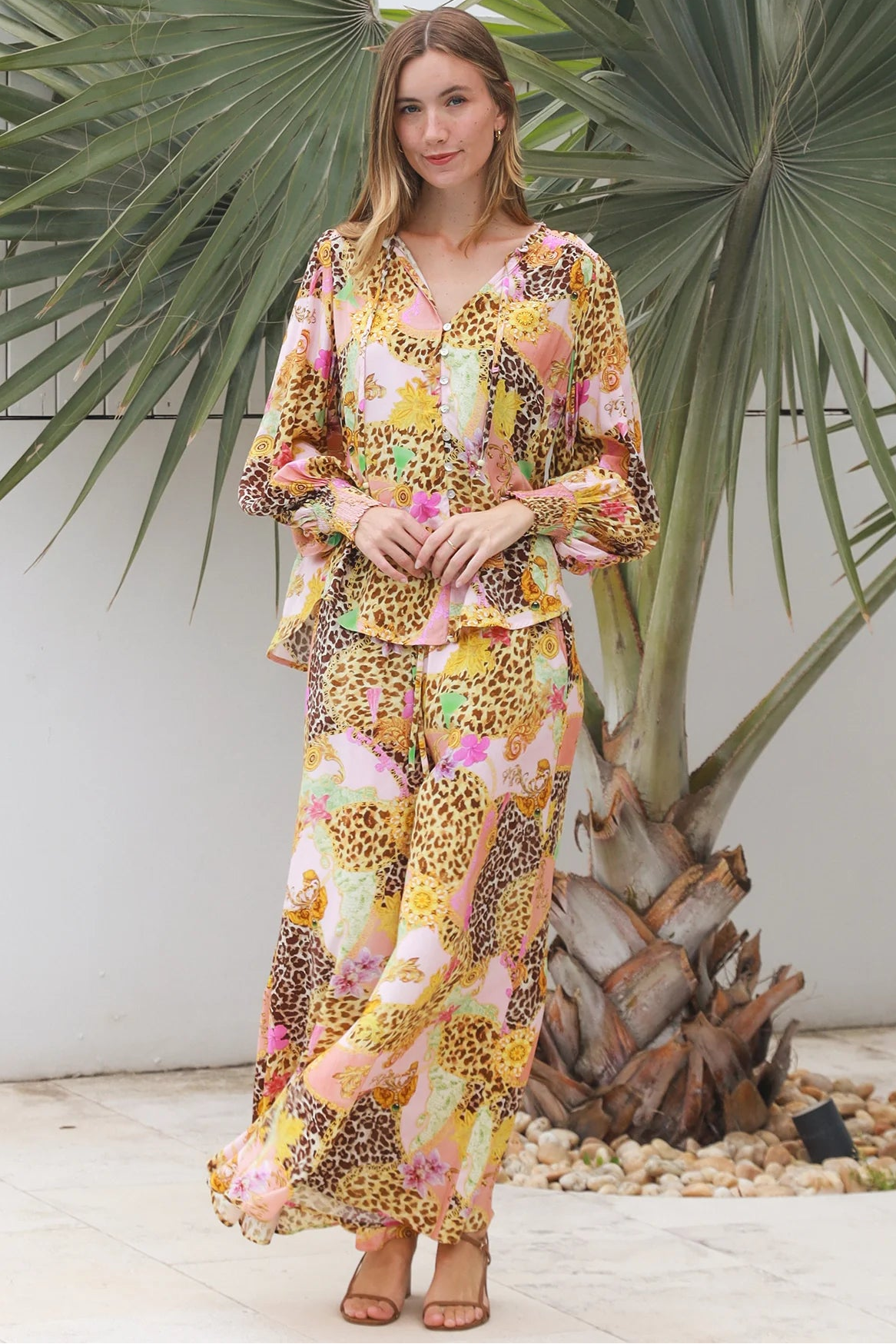 Vera Pant in rayon with patchwork animal and floral print, wide-leg boho pants with elastic waist, Australia