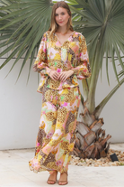 Vera Pant in rayon with patchwork animal and floral print, wide-leg boho pants with elastic waist, Australia