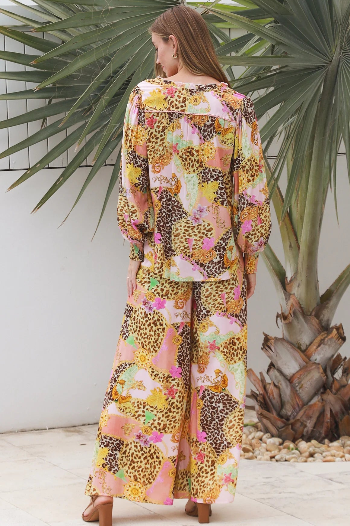 Vera Pant in rayon with patchwork animal and floral print, wide-leg boho pants with elastic waist, Australia