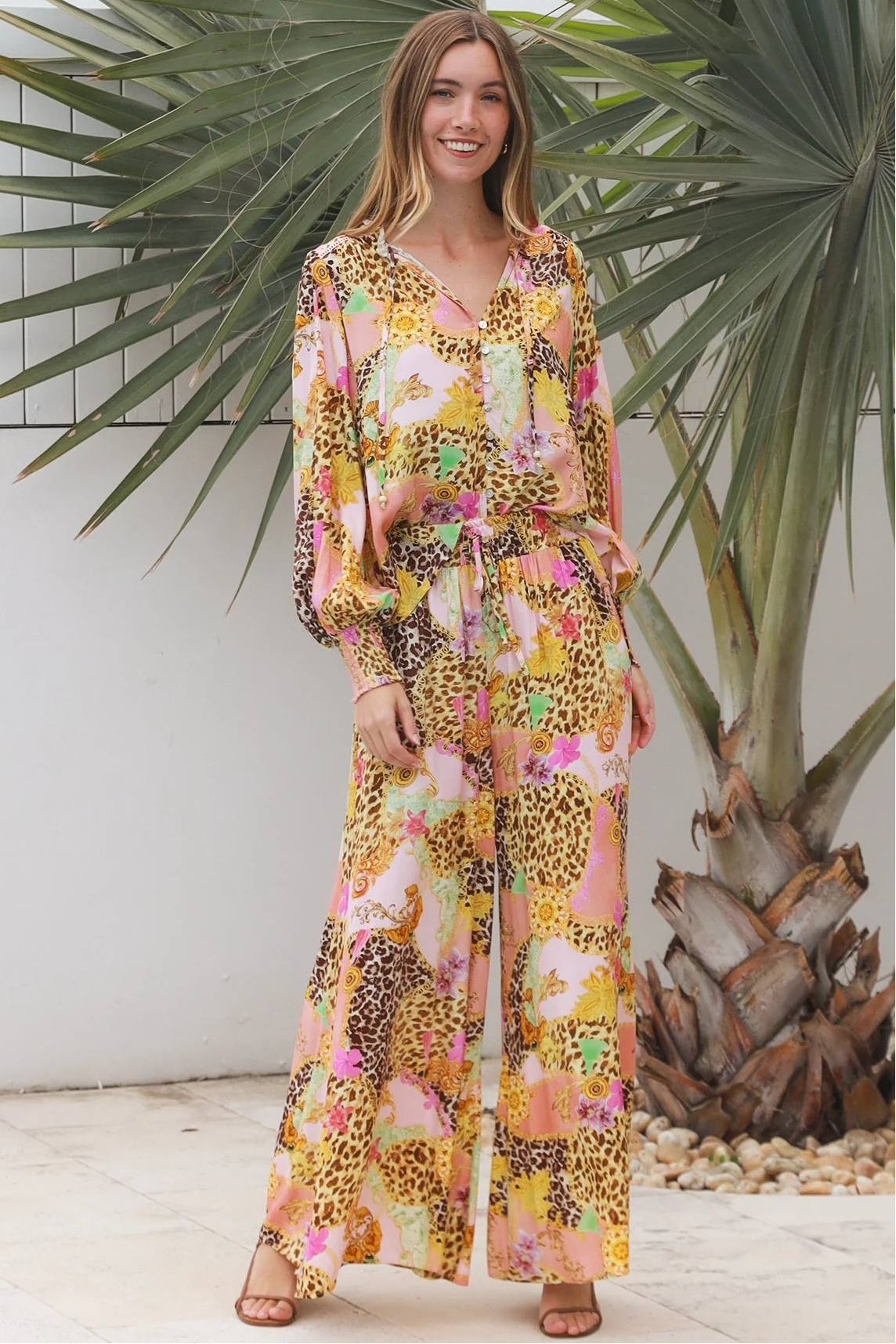 Vera Pant in rayon with patchwork animal and floral print, wide-leg boho pants with elastic waist, Australia