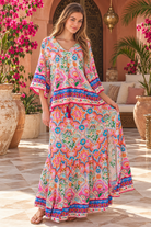 Dreamcatcher Aurora Pink Mosaic maxi skirt with elastic tie waist and oversized frill hemline | Bohemian Love Runway 