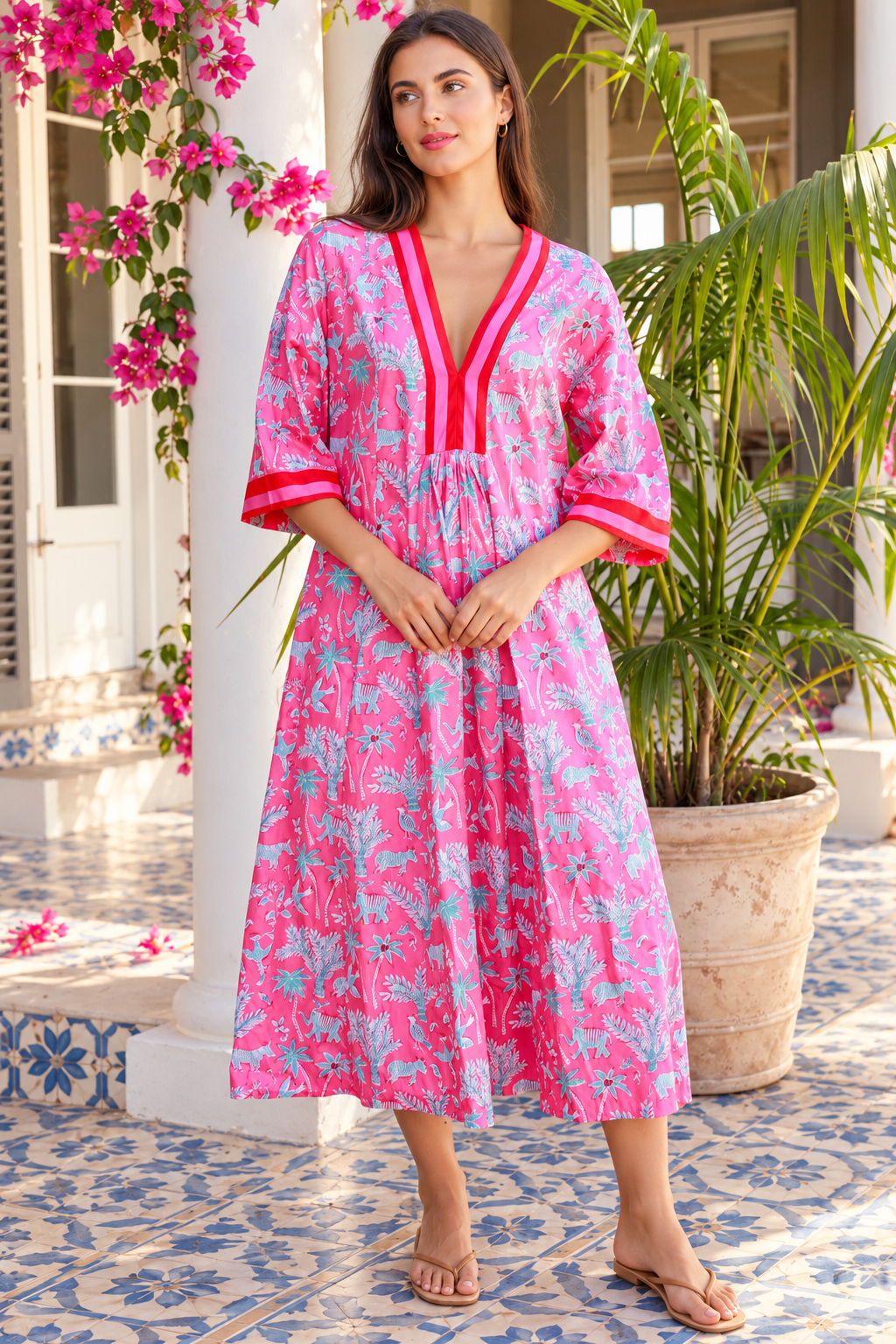 Sanctuary Pluto Pink cotton boho midi dress with turquoise wildlife block print, V-neckline and contrast trim
