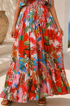 Scarlet floral strapless maxi dress by Dreamcatcher with double frill, waist tie and oversized frill hem