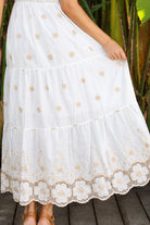 Honeyed Garden white cotton boho dress with ivory beige floral embroidery and lace detailing