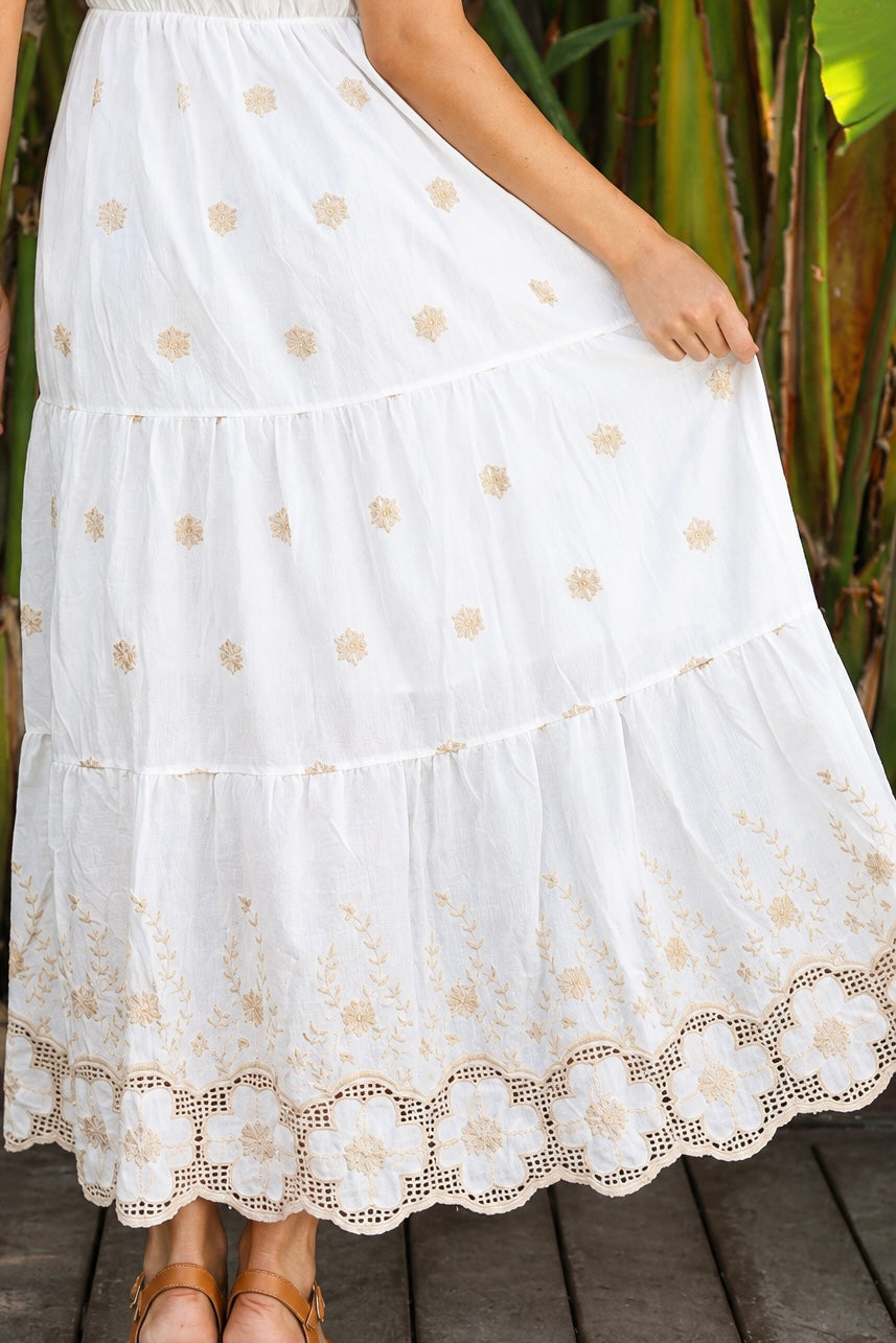 Honeyed Garden white cotton boho dress with ivory beige floral embroidery and lace detailing