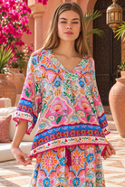 Dreamcatcher Aurora Floral Top Pink Mosaic with botanical mosaic print and cotton lace edging | Bohemian Love Runway