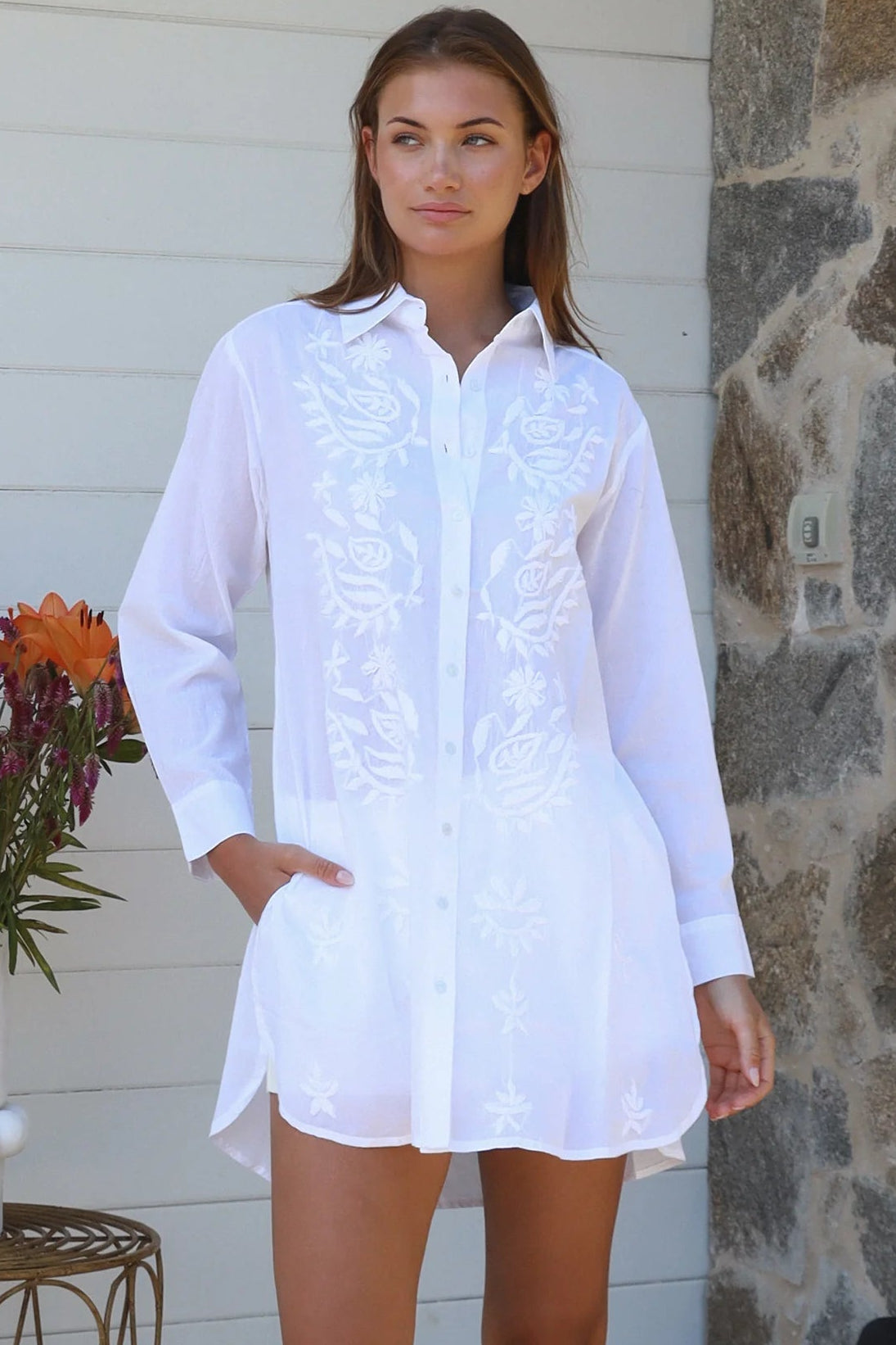 Chapter embroidered cotton button-through shirt with curved hem and cuff sleeves