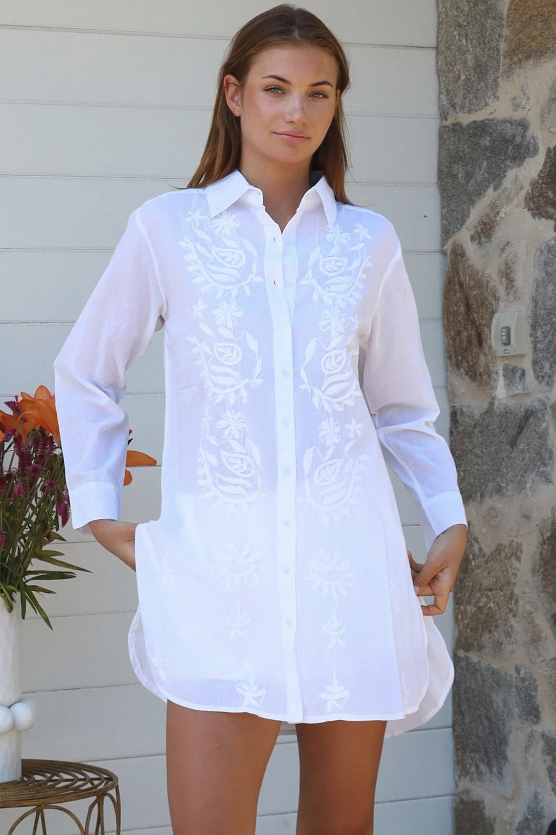 Chapter embroidered cotton button-through shirt with curved hem and cuff sleeves