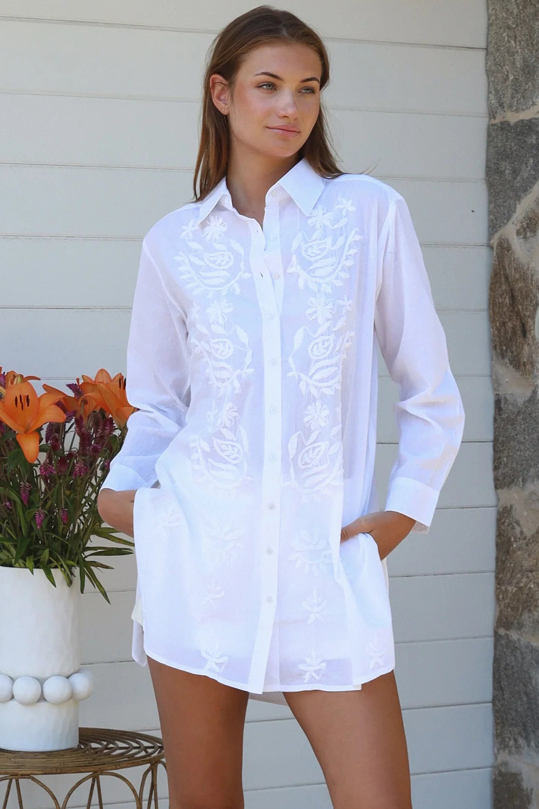 Chapter embroidered cotton button-through shirt with curved hem and cuff sleeves