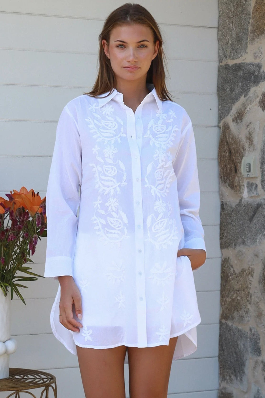 Chapter embroidered cotton button-through shirt with curved hem and cuff sleeves