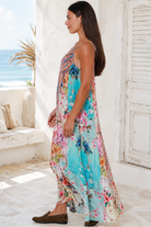 Peacock Feather Mirage floral maxi dress with adjustable straps and rhinestone embellished bodice