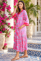 Sanctuary Pluto Pink cotton boho midi dress with turquoise wildlife block print, V-neckline and contrast trim