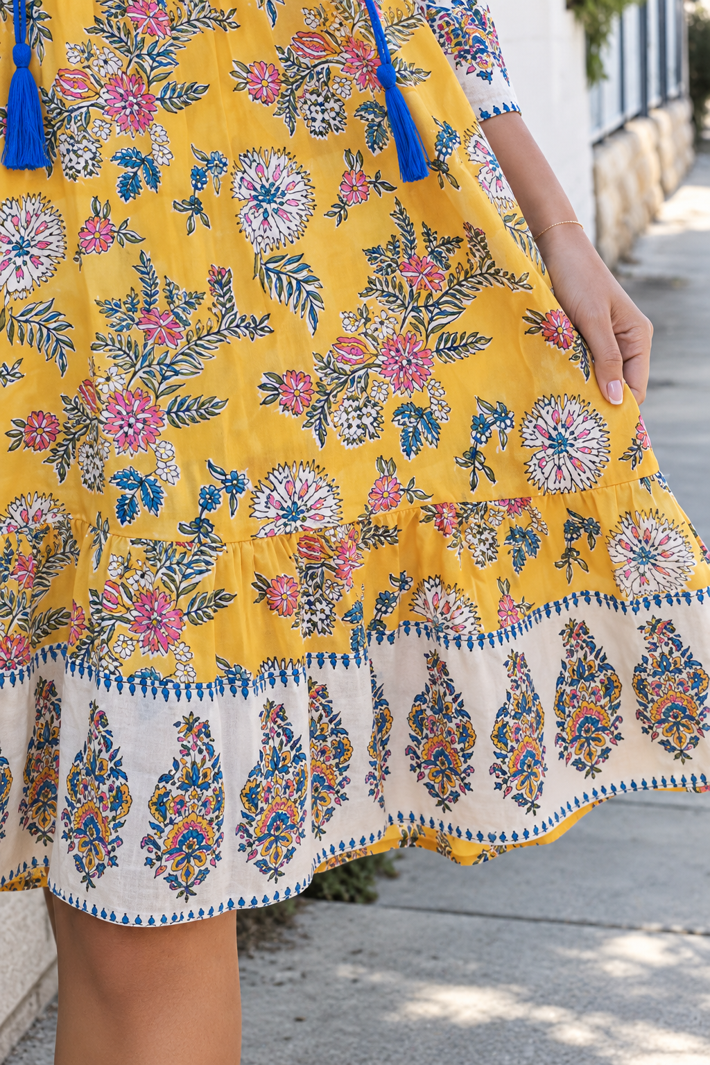 Golden Dahlia Peacock Feather cotton boho dress with cobalt tassels and ornate floral border print