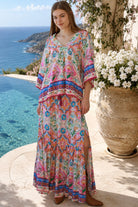 Dreamcatcher Aurora Pink Mosaic maxi skirt with elastic tie waist and oversized frill hemline