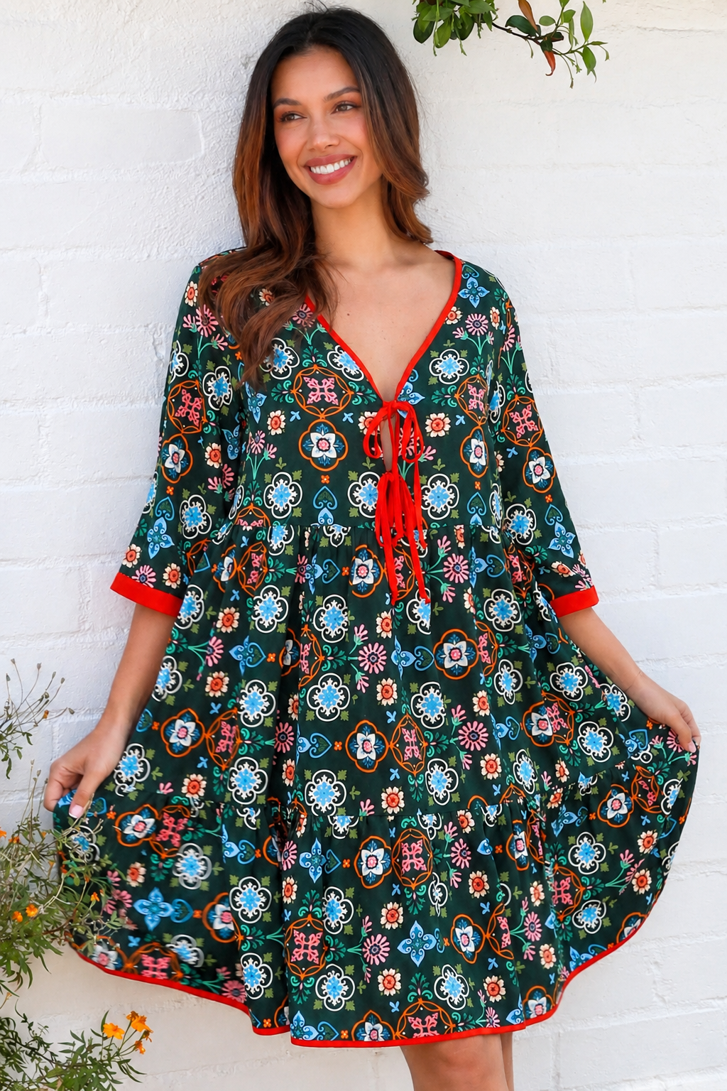 Emily rayon boho mini dress empire line waist, tie front with three quarter sleeves | Bohemian Love Runway 