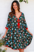 Emily rayon boho mini dress empire line waist, tie front with three quarter sleeves | Bohemian Love Runway 
