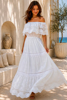Rose white embroidered cotton maxi dress with off-shoulder floral lace, tiered skirt and scalloped rose hem