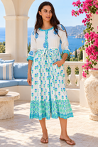 Lovebird Cotton Midi Dress Blue by Peacock Feather, white cotton boho midi dress with blue floral and border prints