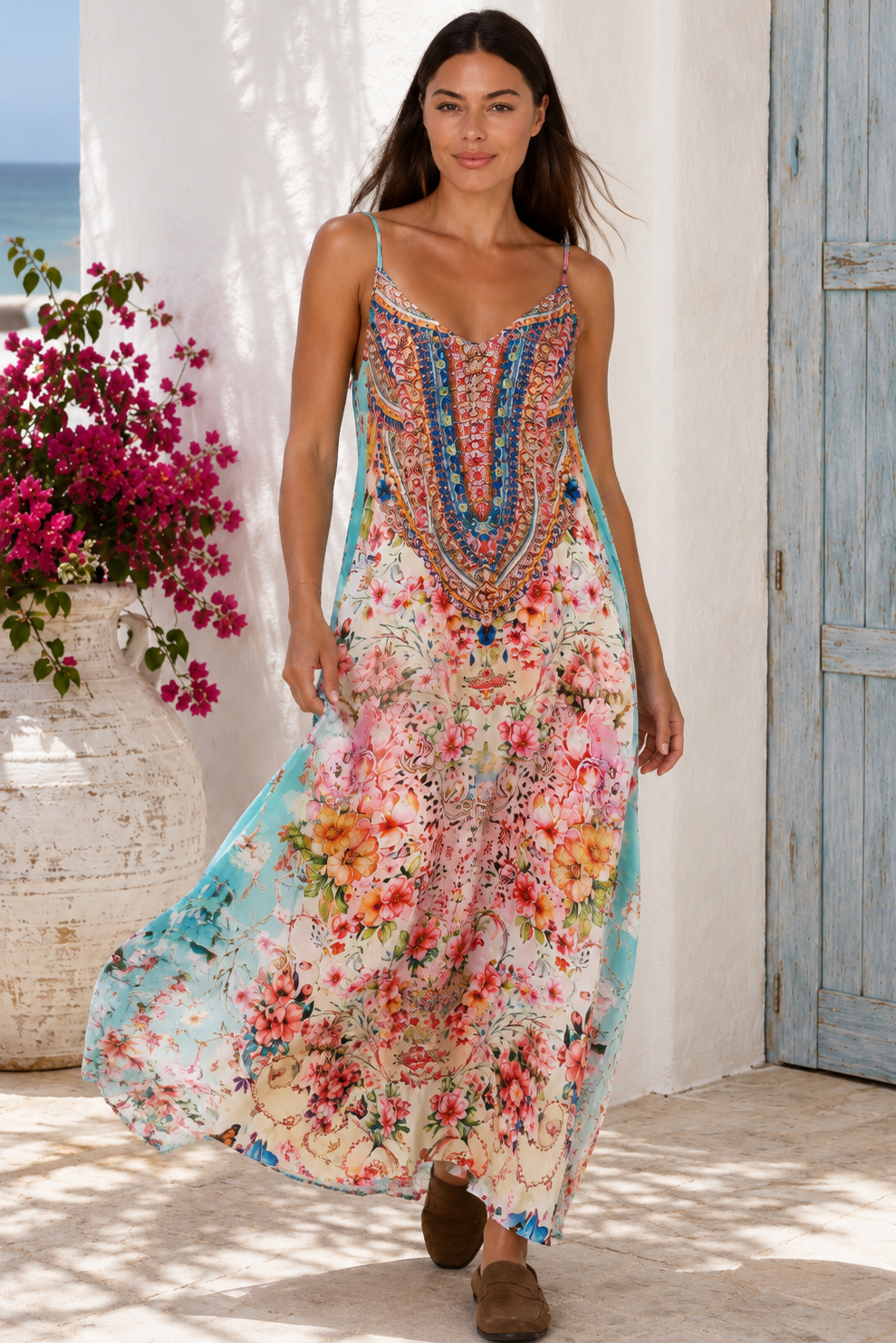 Peacock Feather Mirage floral maxi dress with adjustable straps and rhinestone embellished bodice