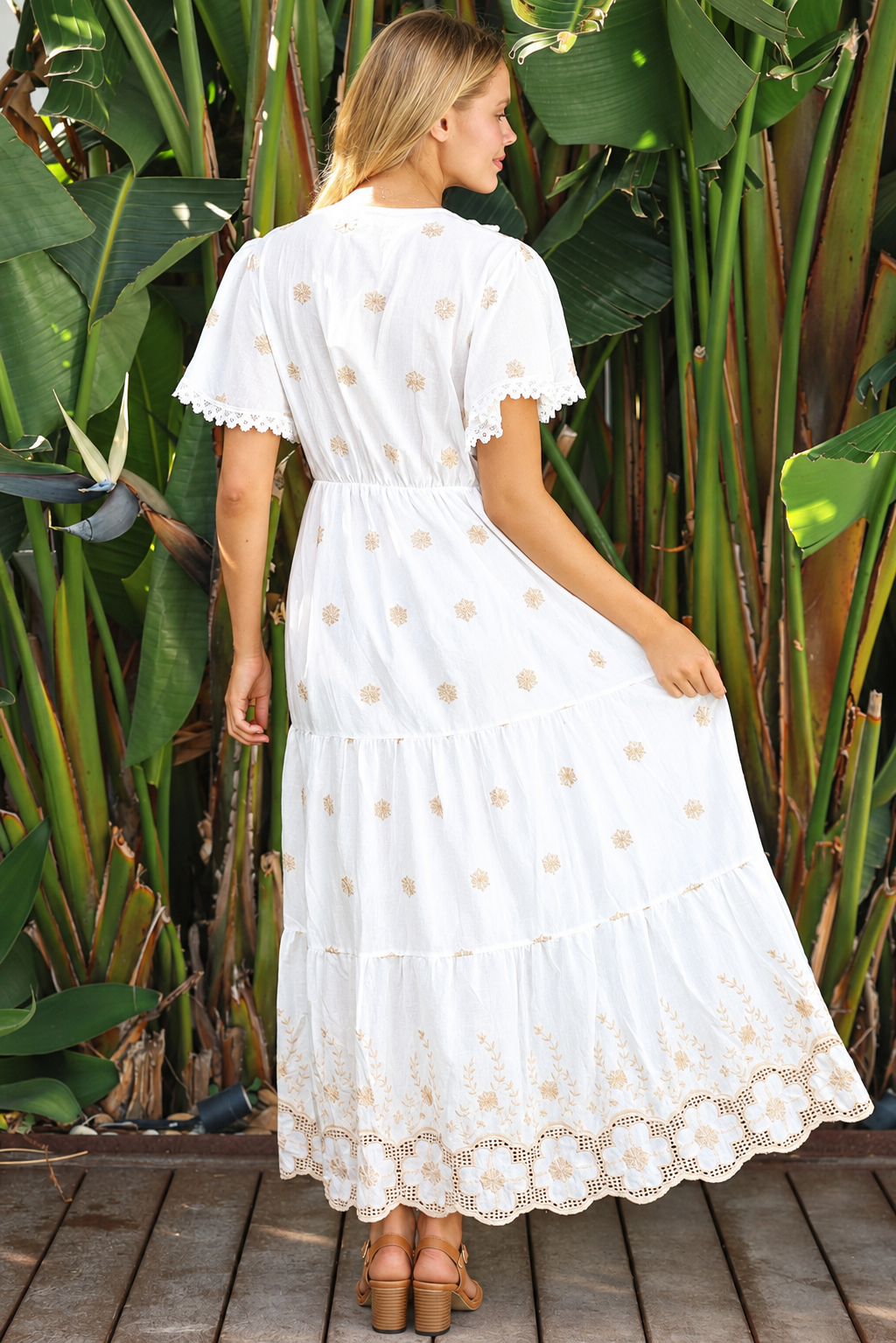 Honeyed Garden white cotton boho dress with ivory beige floral embroidery and lace detailing
