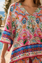 Dreamcatcher Aurora Floral Top Pink Mosaic with botanical mosaic print and cotton lace edging