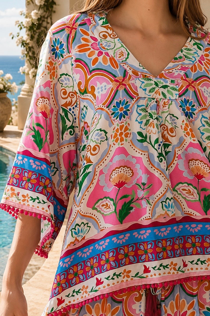 Dreamcatcher Aurora Floral Top Pink Mosaic with botanical mosaic print and cotton lace edging