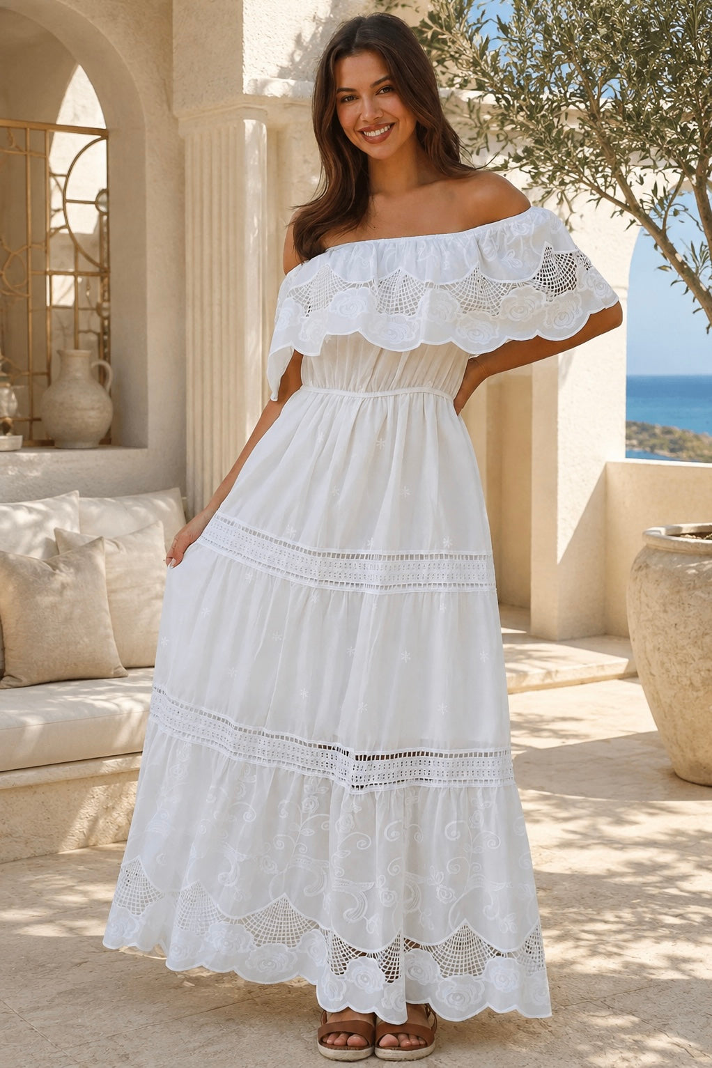 Rose white embroidered cotton maxi dress with off-shoulder floral lace, tiered skirt and scalloped rose hem