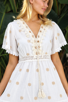Honeyed Garden white cotton boho dress with ivory beige floral embroidery and lace detailing