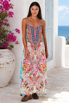 Peacock Feather Mirage floral maxi dress with adjustable straps and rhinestone embellished bodice