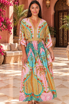Amara pink turquoise floral paisley maxi dress by Dream Catcher with V-neck, kimono sleeves and border print