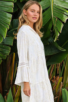 Serafina white cotton mini dress with ivory embroidery and lace sleeves at Bohemian Love Runway 