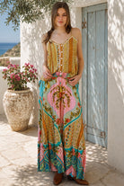 Amara floral boho maxi skirt in 100% rayon with colourful placement print, gathered frill hem and tassel tie