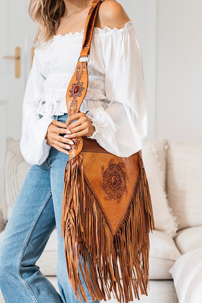 Leather fringe bag best sale