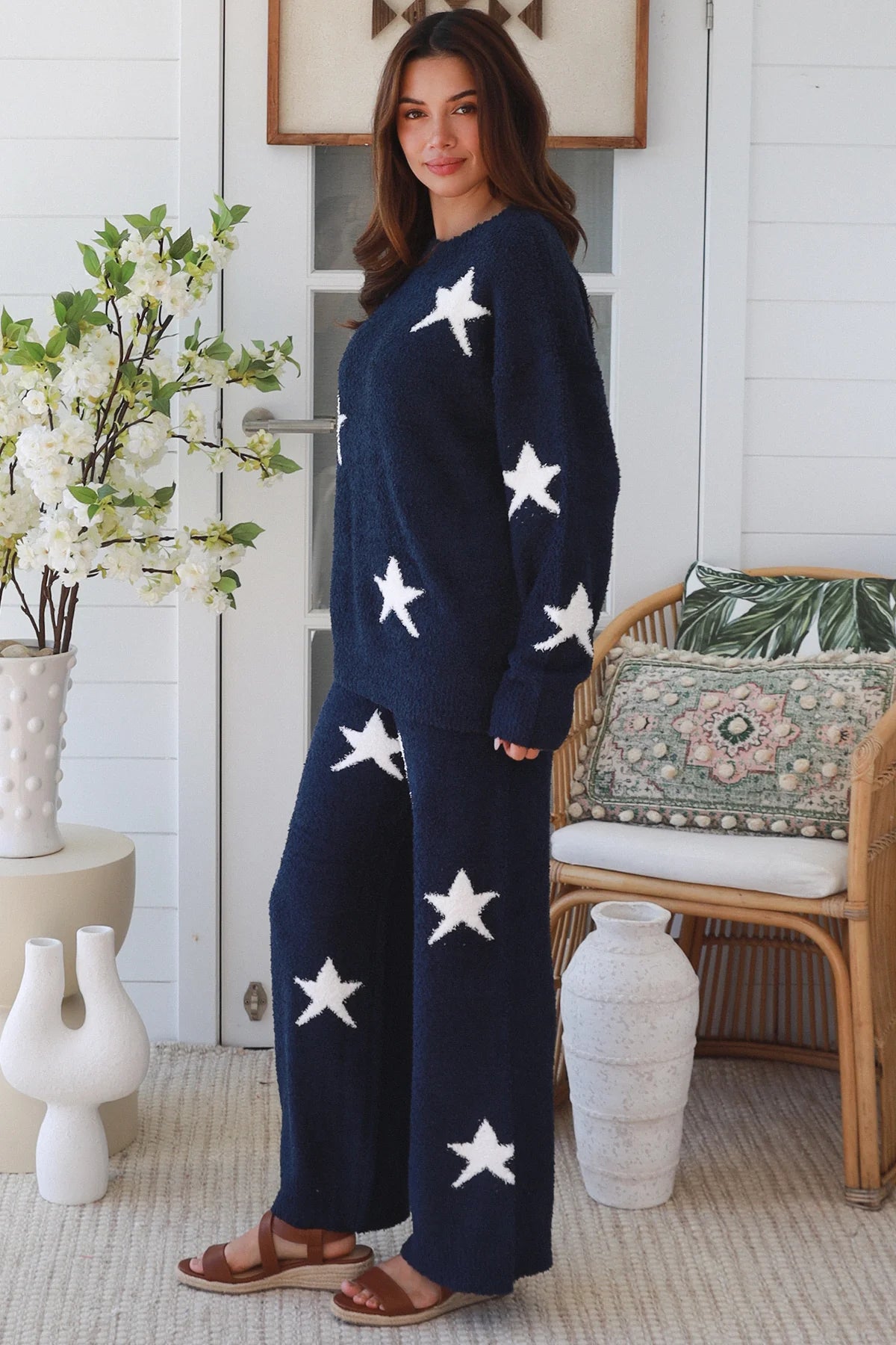 Charlotte The Label Star Soft Brushed Knit Jumper in navy featuring a soft brushed knit texture, relaxed oversized fit, white star design and matching Star Soft Brushed Knit Pants.