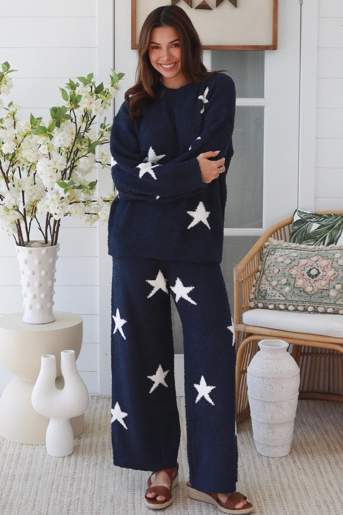 Charlotte The Label Star Soft Brushed Knit Jumper in navy featuring a soft brushed knit texture, relaxed oversized fit, white star design and matching Star Soft Brushed Knit Pants.