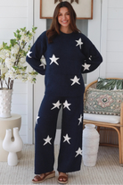 Charlotte The Label Star Soft Brushed Knit Jumper in navy featuring a soft brushed knit texture, relaxed oversized fit, white star design and matching Star Soft Brushed Knit Pants.