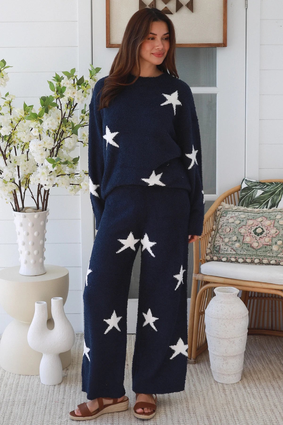 Charlotte The Label Star Soft Brushed Knit Jumper in navy featuring a soft brushed knit texture, relaxed oversized fit, white star design and matching Star Soft Brushed Knit Pants.