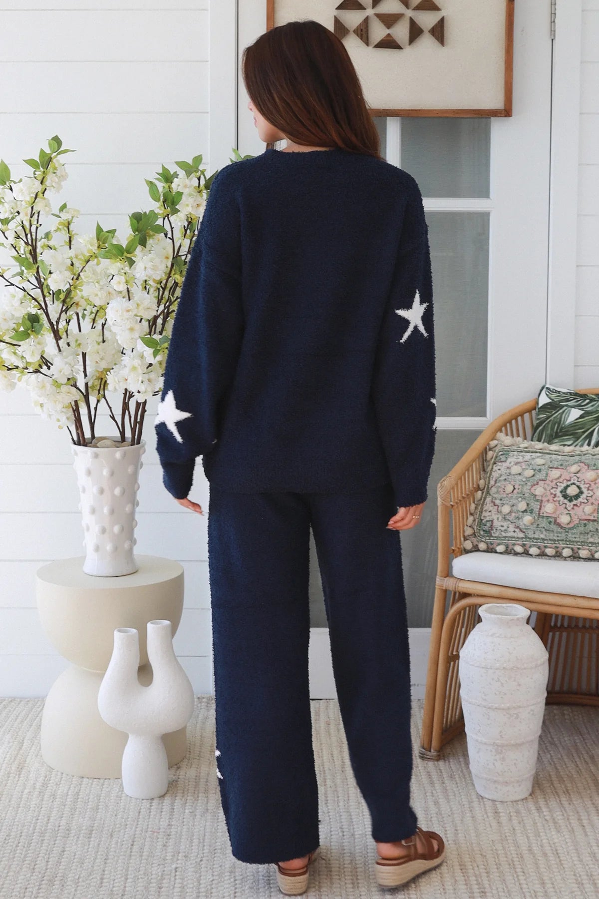 Charlotte The Label Star Soft Brushed Knit Jumper in navy featuring a soft brushed knit texture, relaxed oversized fit, white star design and matching Star Soft Brushed Knit Pants.