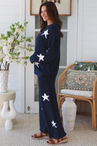 Charlotte The Label Star Soft Brushed Knit Jumper in navy featuring a soft brushed knit texture, relaxed oversized fit, white star design and matching Star Soft Brushed Knit Pants.