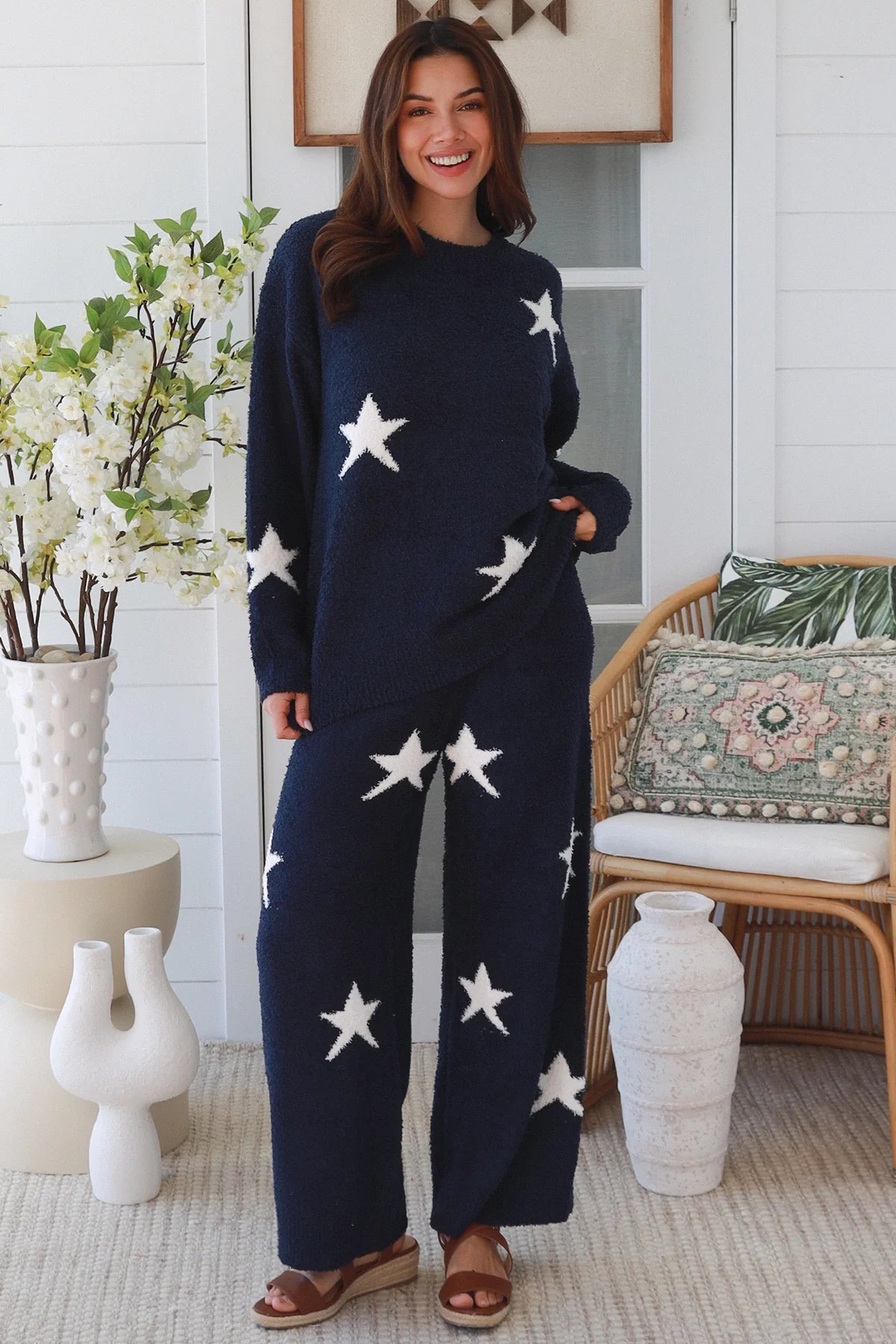 Charlotte The Label Star Soft Brushed Knit Jumper in navy featuring a soft brushed knit texture, relaxed oversized fit, white star design and matching Star Soft Brushed Knit Pants.